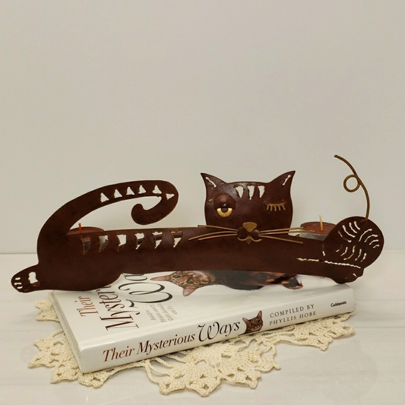 Vintage Metal Winking Cat 3 Votive Standing Candle Holder Includes 3 Candles